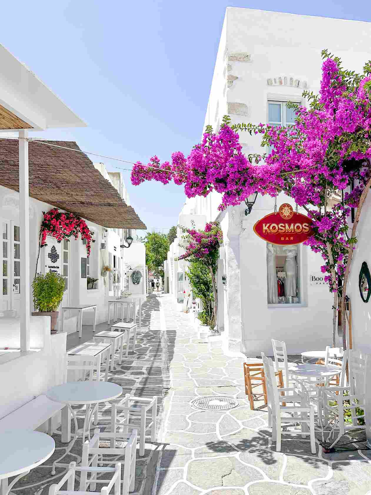 Weiße Häuser entlang einer weißen Gasse mit niedlichen Stühlen und mediterranen pinken Pflanzen