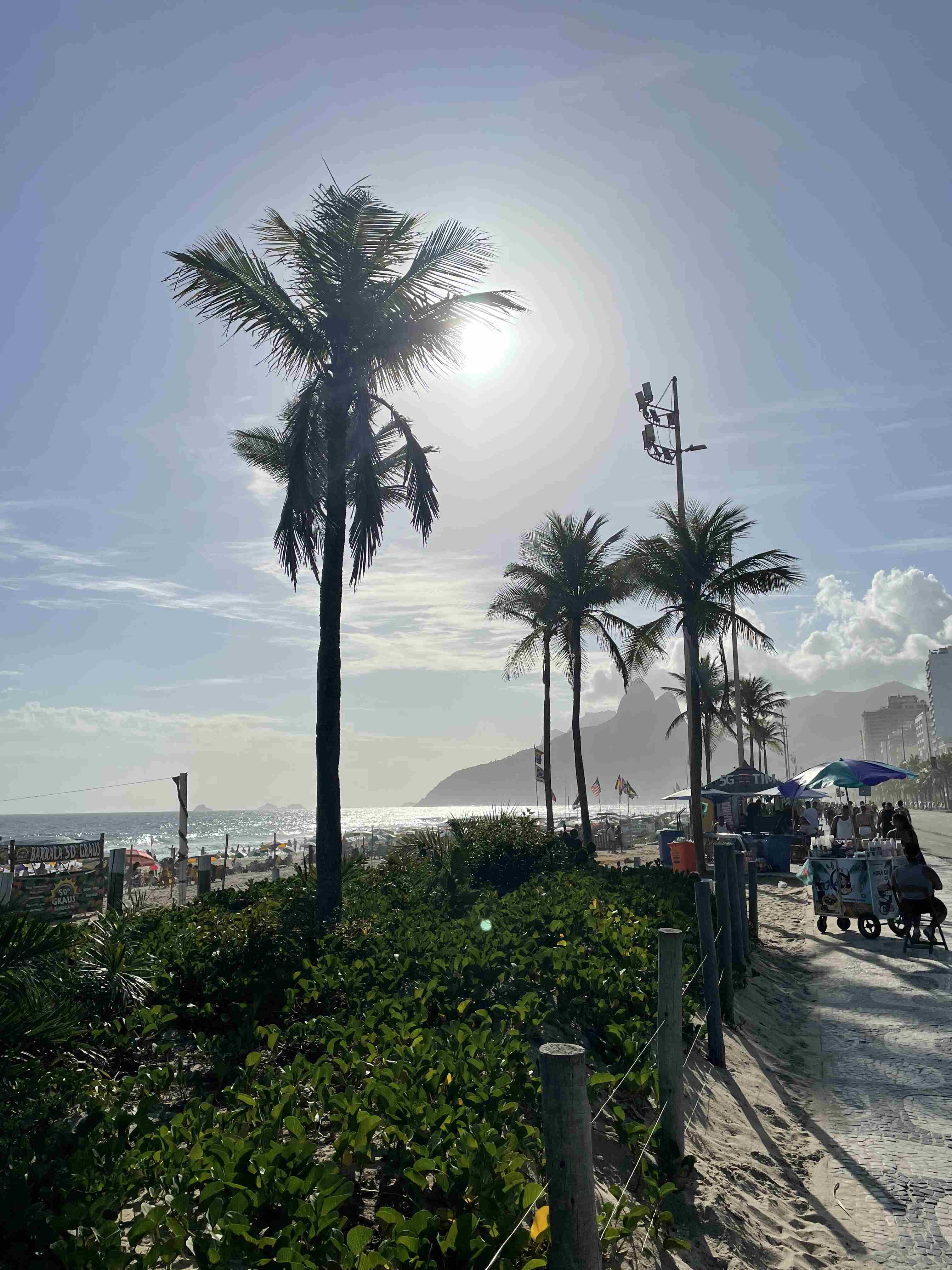 An der Strandpromenade von Ipanema stehen Streetfoodstände und Palmen