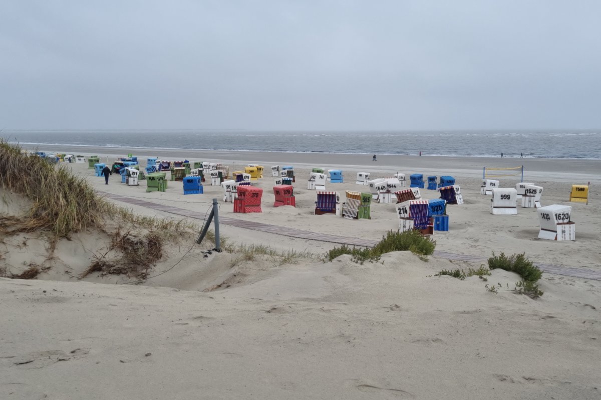 Langer Sandstrand mit Strandkörben am Meer