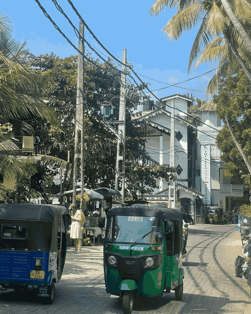 sri-lanka-tuktuk Zwei TukTuks fahren auf einer kleinen Straße mit Stromleitungen und Palmen