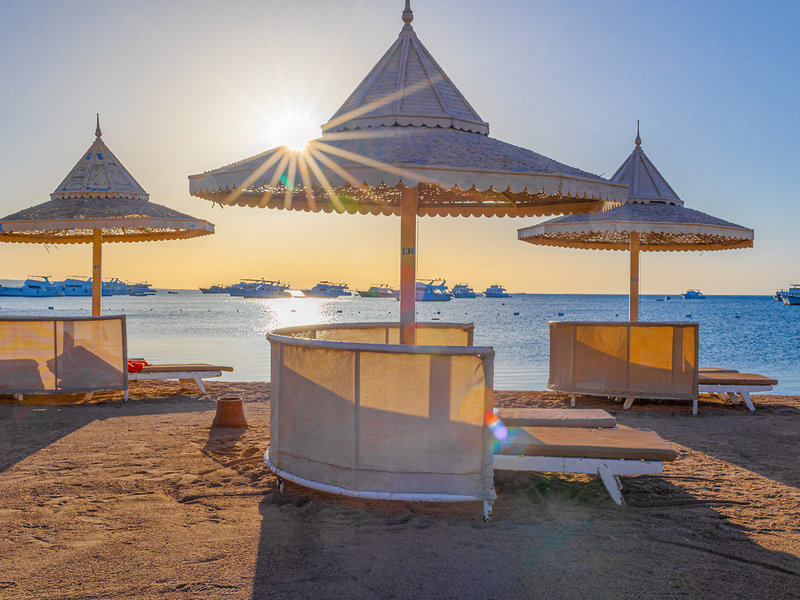 Urlaub am Roten Meer Strand mit Sonnenschirmen und Windschutz