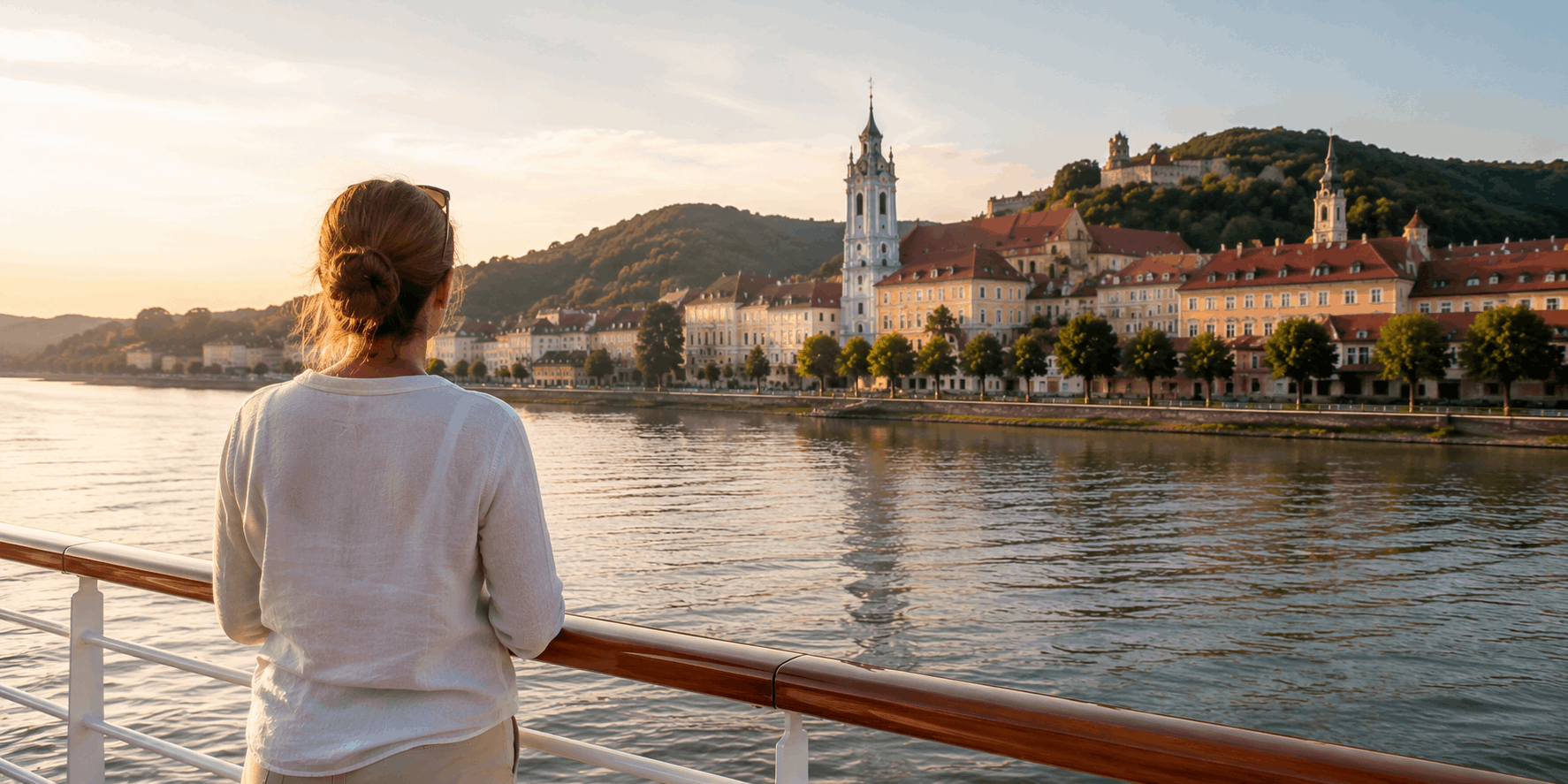 flusskreuzfahrten-tipps Eine Frau steht an der Reling eines Flusskreuzfahrtschiffs mit Blick auf eine historische Stadt