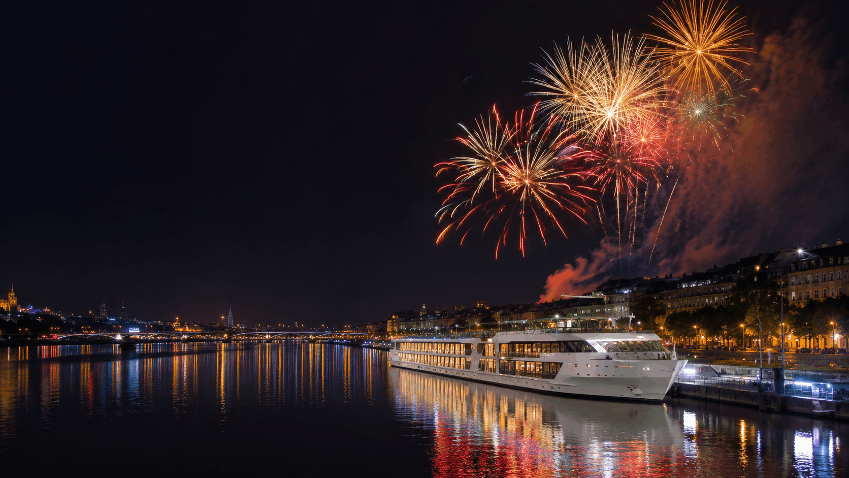 flusskreuzfahrten-herbst-winter Ein weißes Flusskreuzfahrtschiff liegt im Dunkeln an einem Hafen an einer Stadt und am Himmel leuchtet buntes Feuerwerk