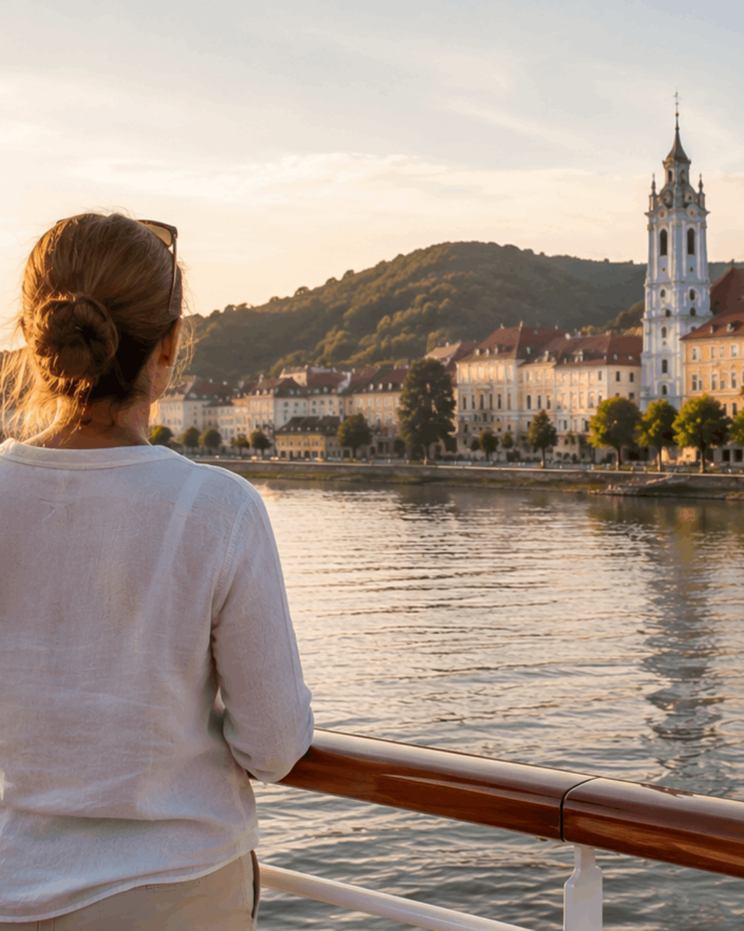 flusskreuzfahrten-tipps Eine Frau steht an der Reling eines Flusskreuzfahrtschiffs mit Blick auf eine historische Stadt