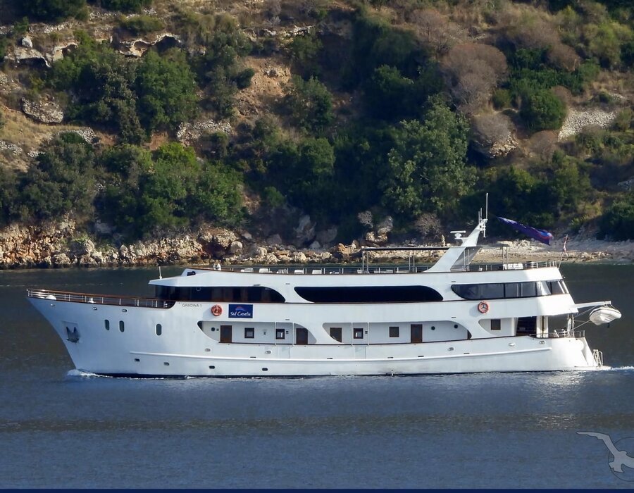 mittelmeerkreuzfahrt-phoenix-oestliches-mittelmeer Ein kleines, weißes Kreuzfahrtschiff der Reederei Phoenix Seereisen auf dem Meer direkt an einer steinigen Küste