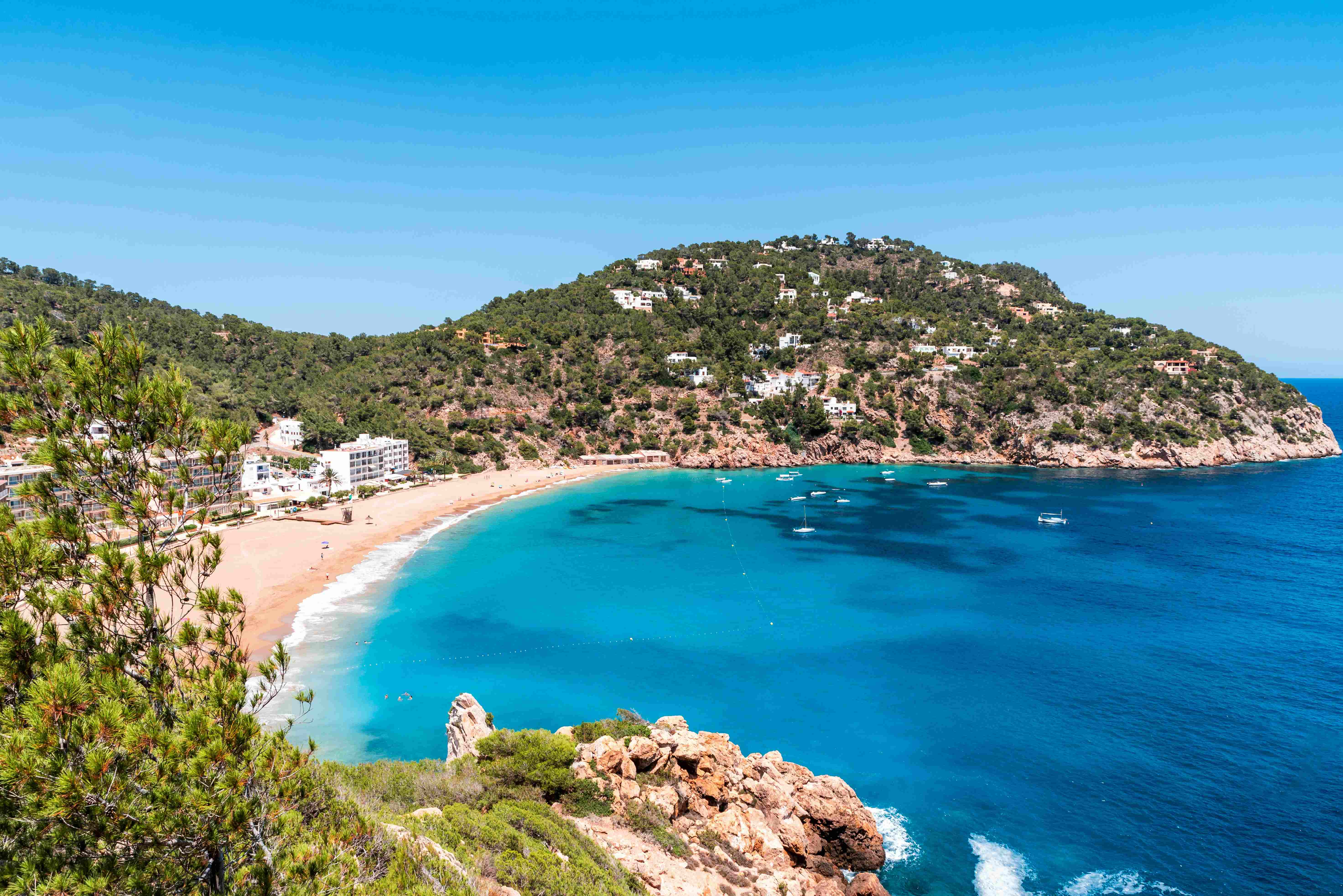 ibiza-urlaub An einer idyllischen Bucht zwischen Bergen mit Pinienbäumen stehen einige weiße Hotels