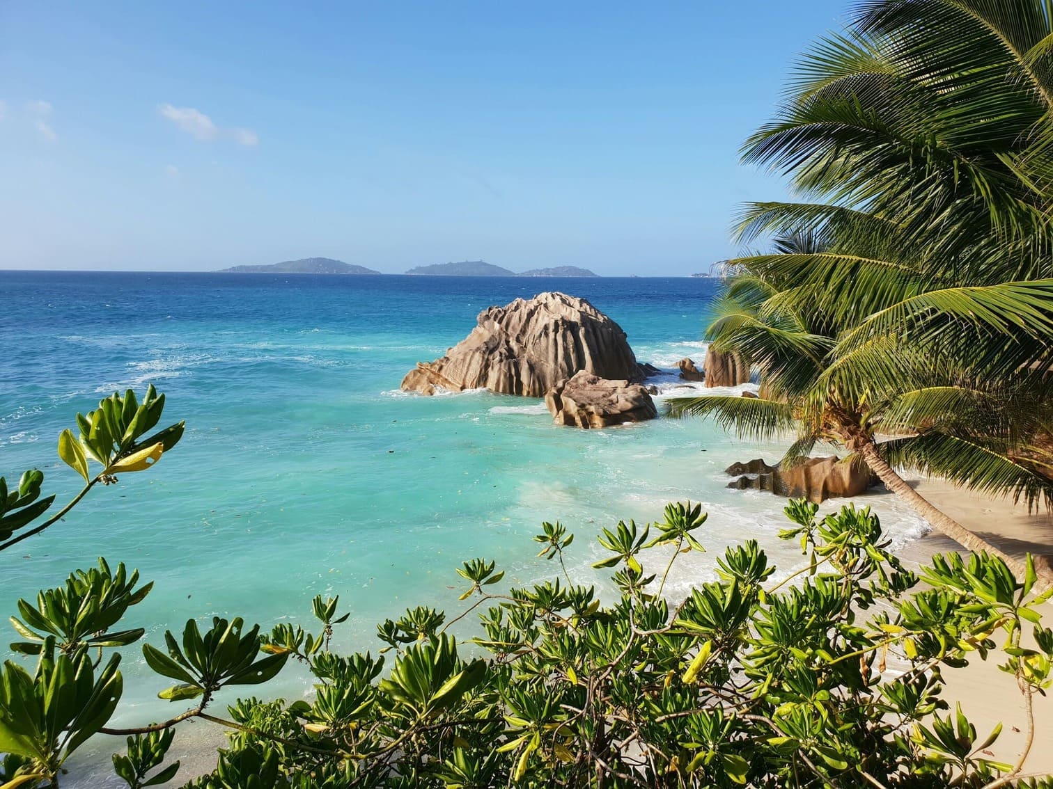 Seychellen Urlaub Seychellen Urlaub Sandstrand mit Palmen und Felsen