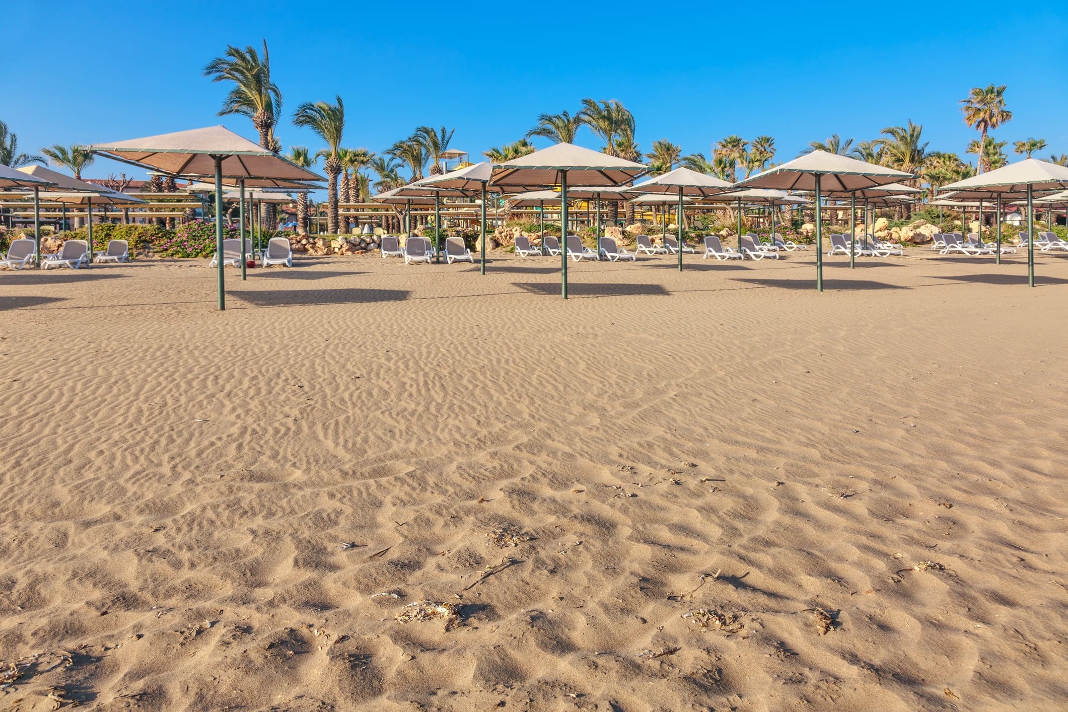 Goldgelber feinsandiger Strand mit Sonnenschirmen und Liegen